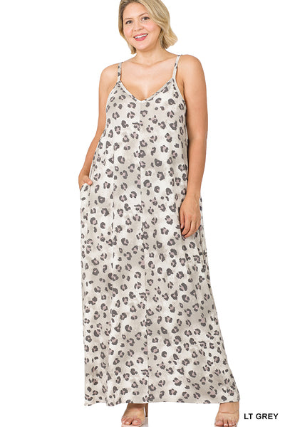 PLUS SIZE LEOPARD V-NECK CAMI MAXI DRESS (LT GREY)