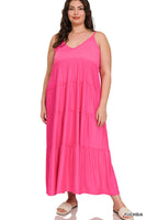 PLUS SIZE V-NECK CAMI MAXI TIERED DRESS (FUCHSIA)