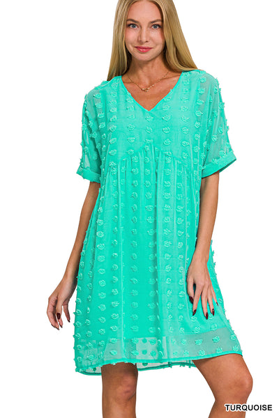 SWISS DOT BABY DOLL V-NECK DRESS (TURQUOISE)