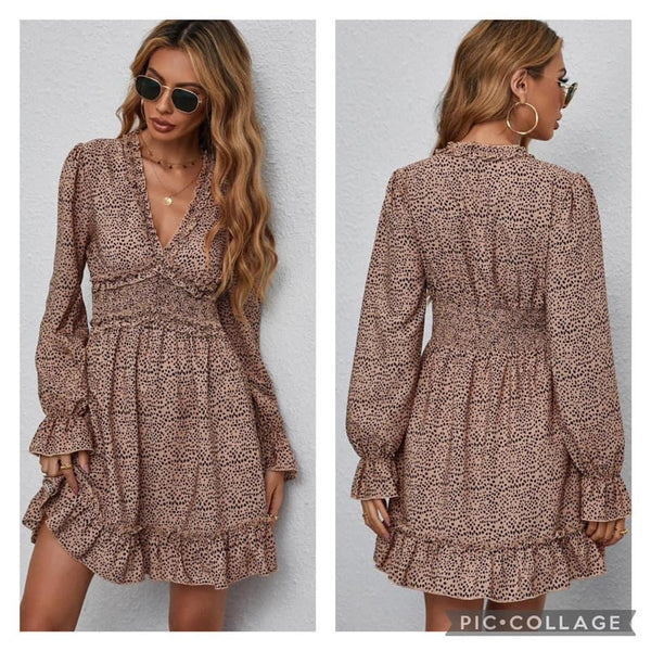 TAN DRESS W/BLACK DOTS