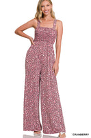 LEOPARD SMOCKED TOP WIDE LEG JUMPSUIT (CRANBERRY)