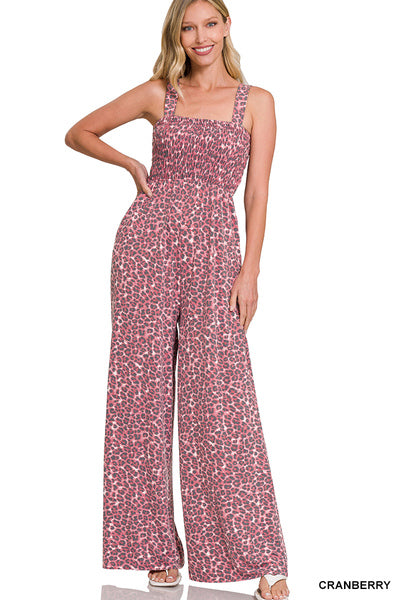 LEOPARD SMOCKED TOP WIDE LEG JUMPSUIT (CRANBERRY)