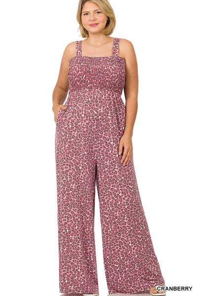 PLUS SIZE LEOPARD SMOCKED TOP WIDE LEG JUMPSUIT (CRANBERRY)