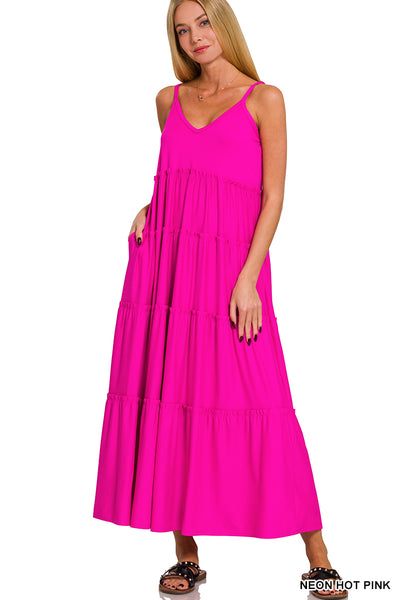 V-NECK CAMI MAXI TIERED DRESS (NEON HOT PINK)