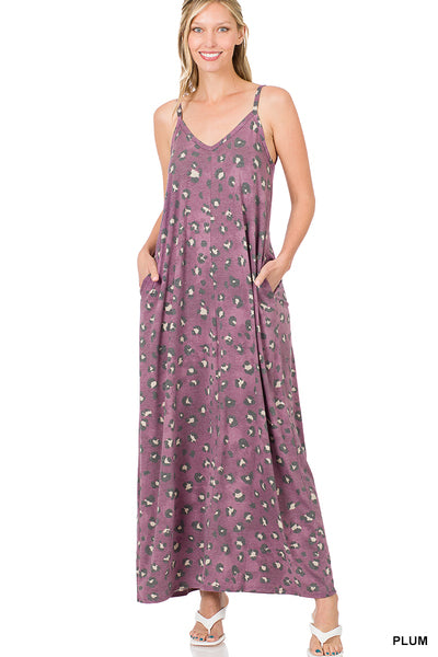 LEOPARD V-NECK CAMI DRESS (PLUM)